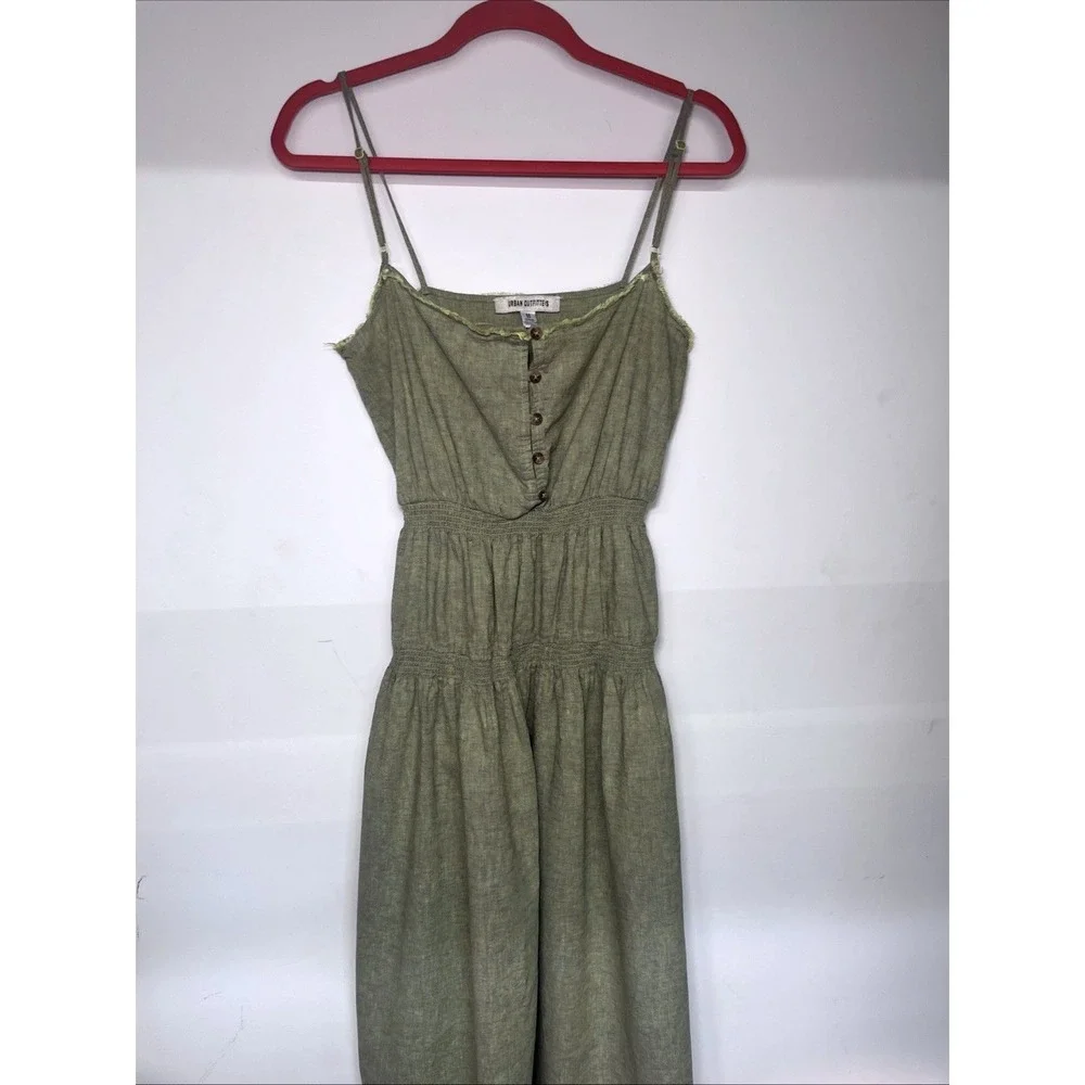 Urban Outfitters Linen Blend Midi Dress Sage Olive Green Smocked Button Front M - Picture 3 of 13